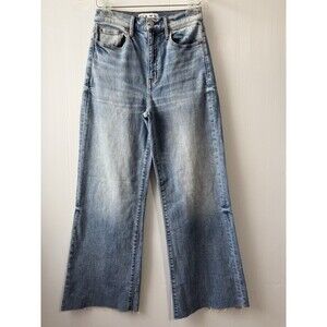 Daze Women's Raw Hem Wide Leg Jeans Stretch High Rise Sz 25 Blue Wash